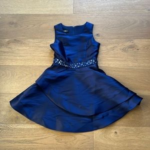 Beautiful satin Amy Byer Navyy tiered dress with rhinestones size 10